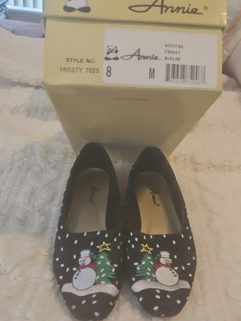 Annie Black Holiday Snowman Embroidered Womens Flats